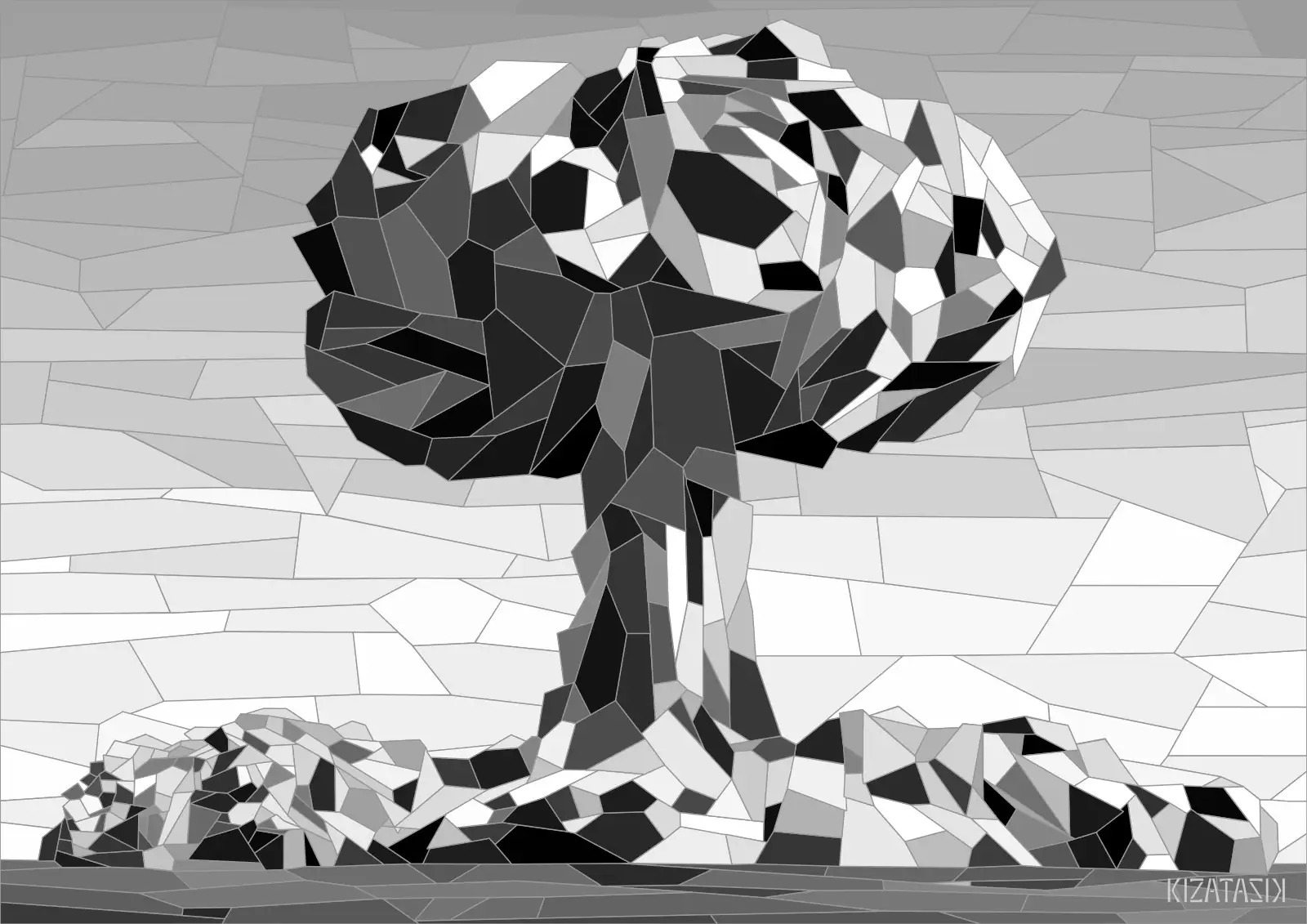 A mushroom cloud from a nuclear explosion, in the style of monochrome stained glass