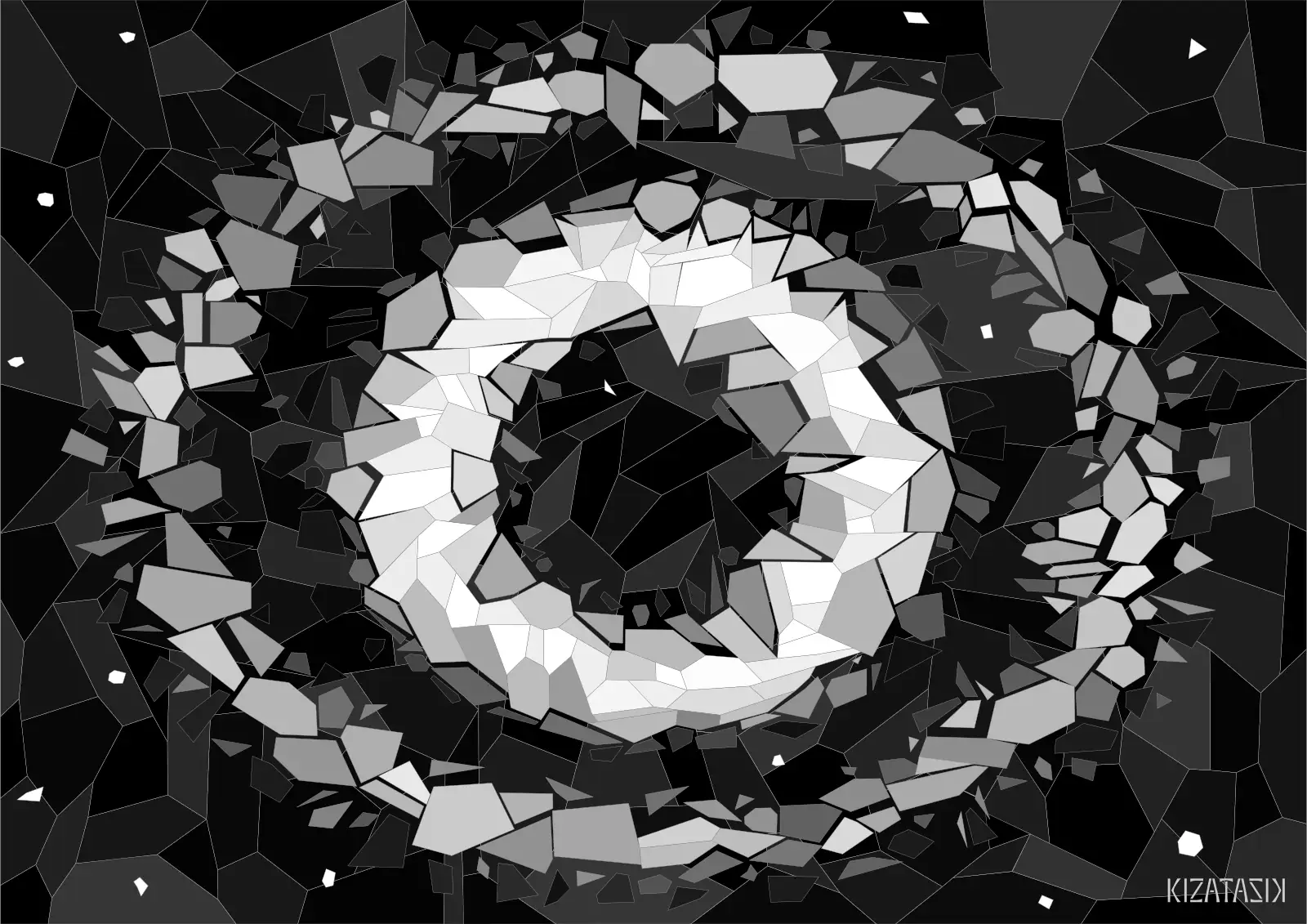 A bright donut shape surrounded by an oval, in the style of monochrome stained glass