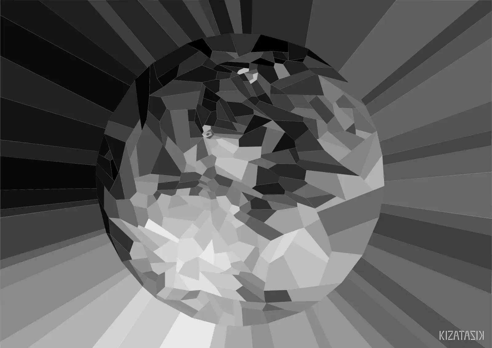 A shattered image of Pluto with a crown of rays in the style of monochrome stained glass