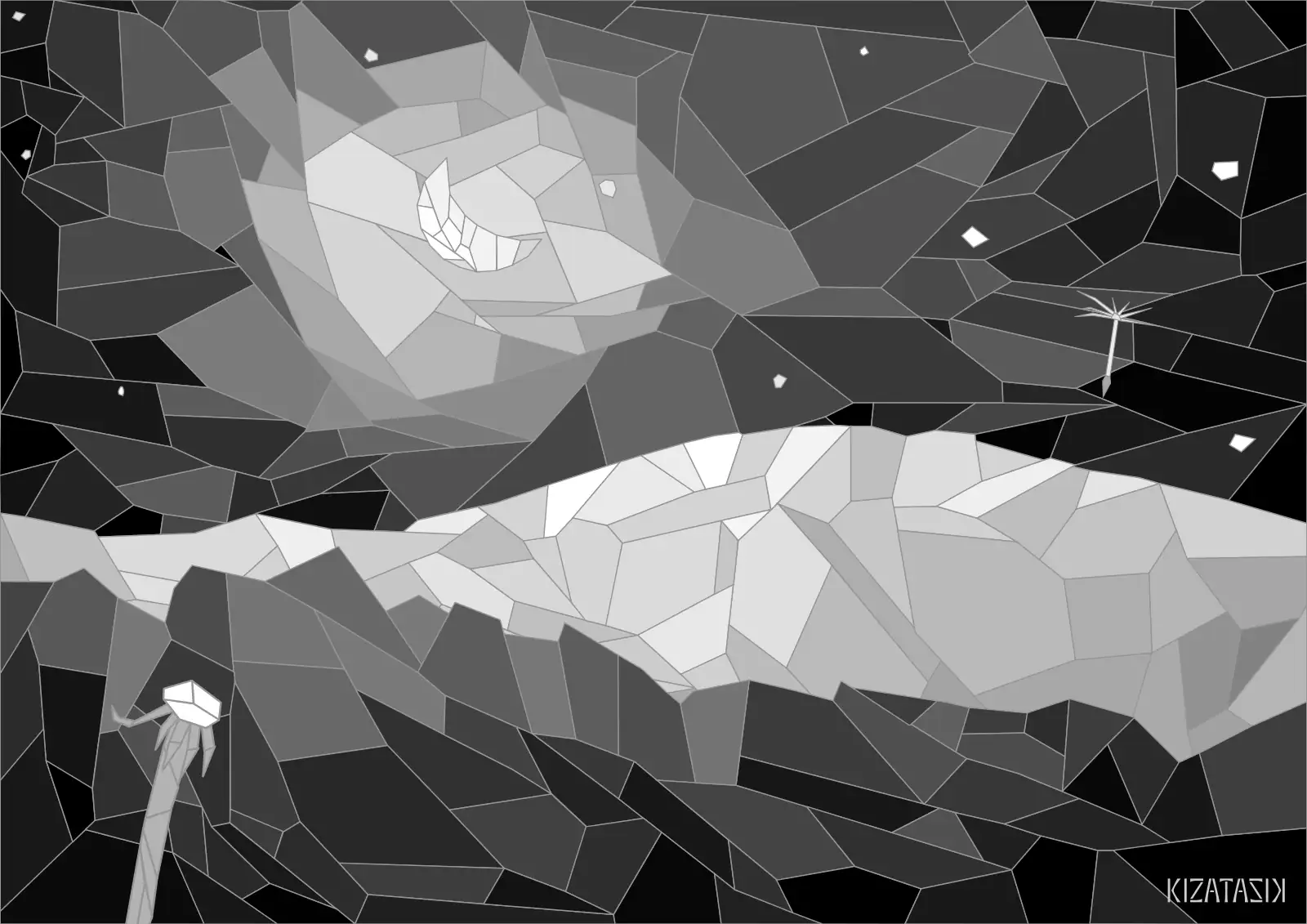 An empty dandelion seed head, one loose seed floating away, in the style of monochrome stained glass