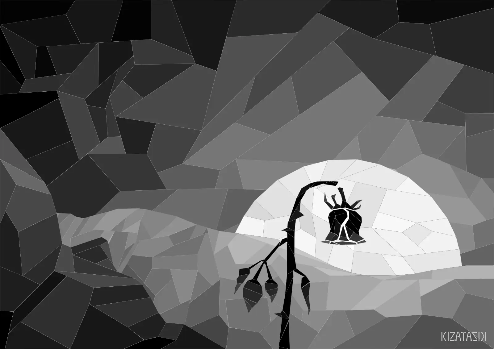 A single black rose, the drooping head has severed and is falling, full moon behind showing sparse landscape, in the style of monochrome stained glass