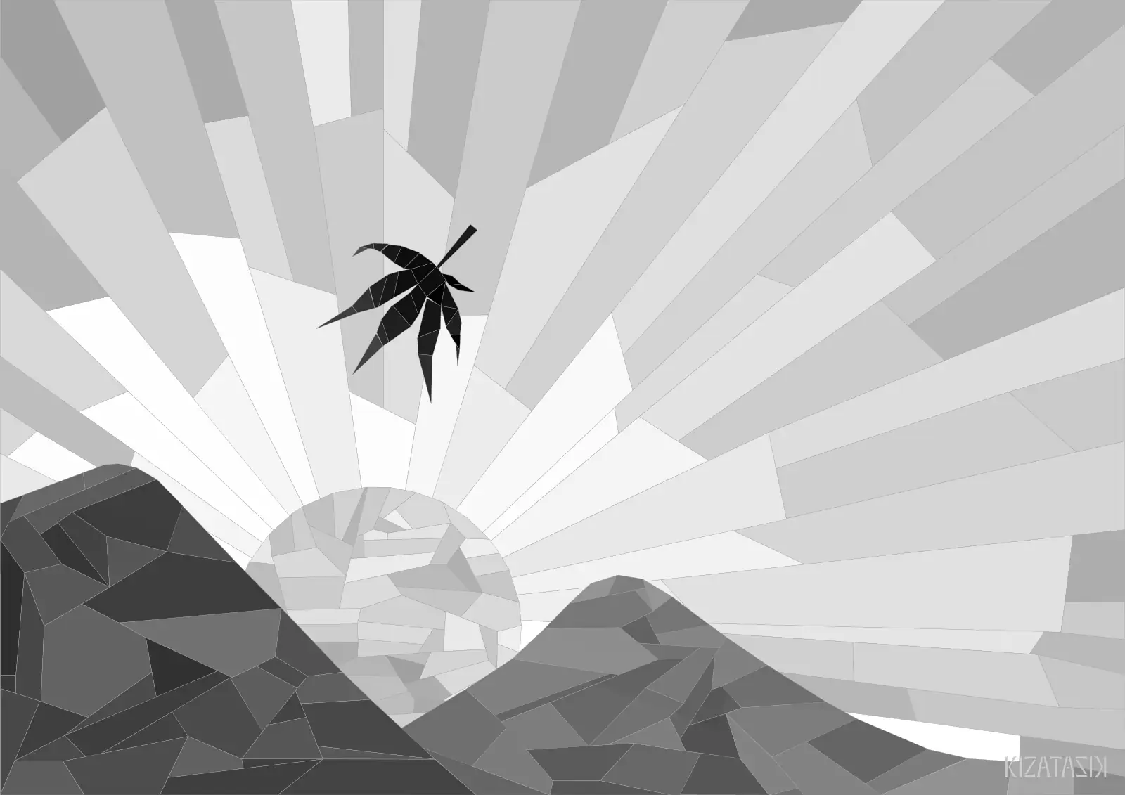 A single maple leaf falling, silhouetted against a sunset between two mountains, in the style of monochrome stained glass