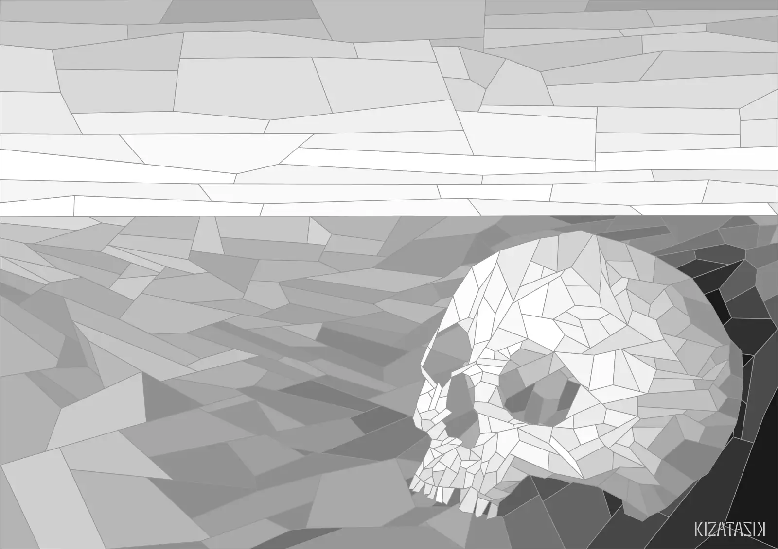A human skull on a desolate landscape, in the style of monochrome stained glass