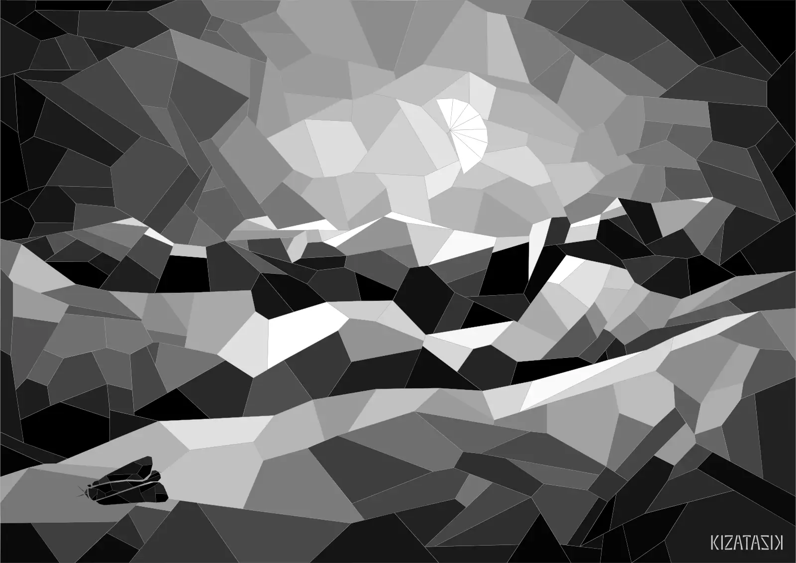 A dead moth on a rocky landscape under a half moon, in the style of monochrome stained glass
