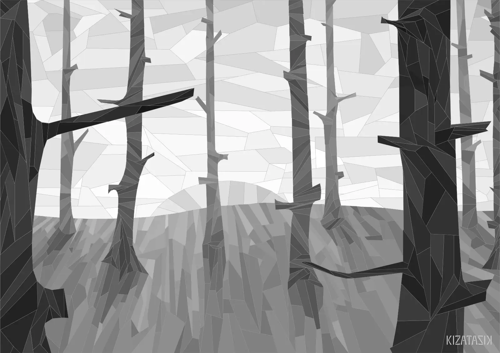 A petrified forest with long shadows illuminated by a sunrise, in the style of monochrome stained glass