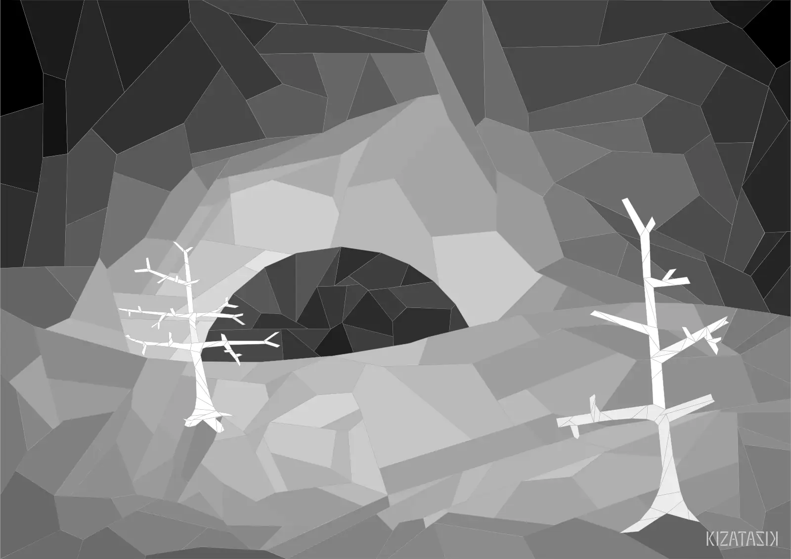 A black moon setting behind a hill, two pale ghostly leafless trees in the foreground, in the style of monochrome stained glass