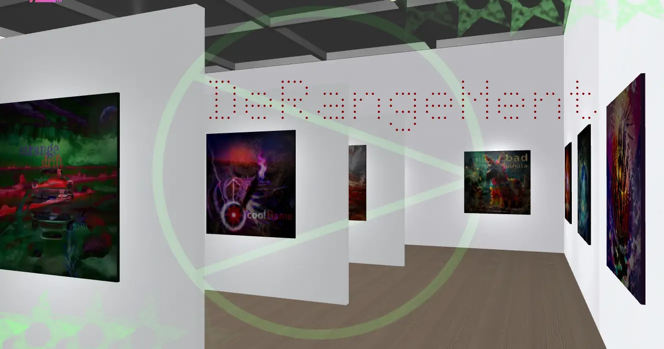 A screenshot of a virtual gallery with the word DeRangeMent and a green arrow in a triangle overlain